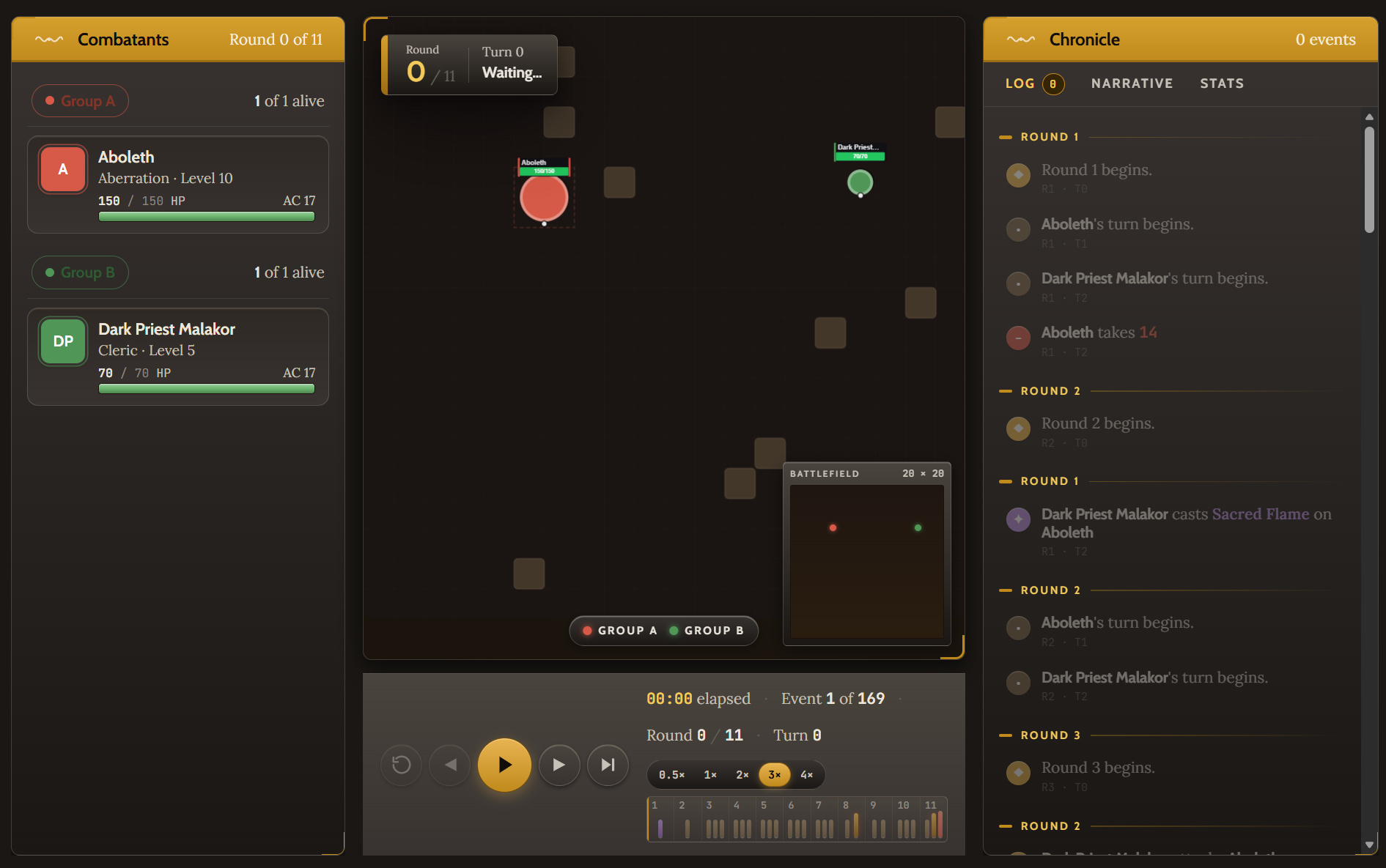 Encounter Simulator: combat replay with combatants, battle map, and event chronicle